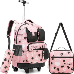 Meetbelify Cute Cat Rolling Backpack for Girls Backpacks with Wheels Kids Wheeled Backpack with Lunch Box Pencil Case for Elementary Students Kids Carry On Luggage with Wheels Back to School Supplies