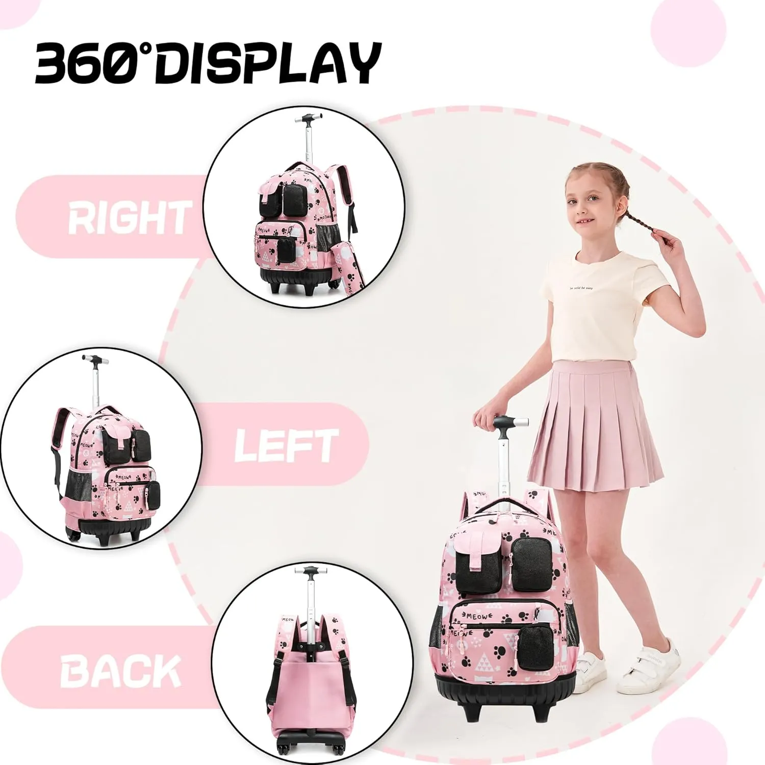 Meetbelify Cute Cat Rolling Backpack for Girls Backpacks with Wheels Kids Wheeled Backpack with Lunch Box Pencil Case for Elementary Students Kids Carry On Luggage with Wheels Back to School Supplies