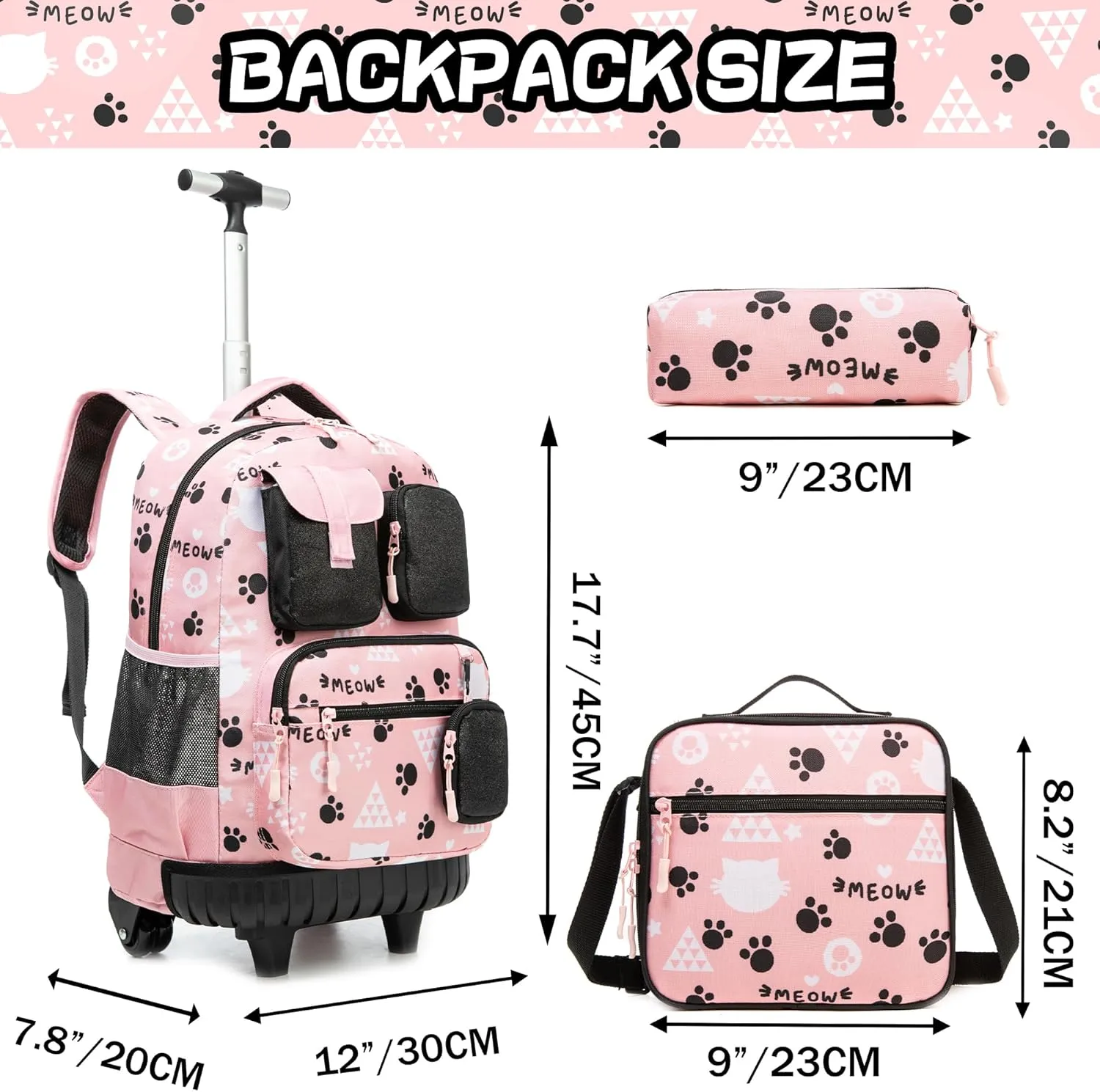 Meetbelify Cute Cat Rolling Backpack for Girls Backpacks with Wheels Kids Wheeled Backpack with Lunch Box Pencil Case for Elementary Students Kids Carry On Luggage with Wheels Back to School Supplies