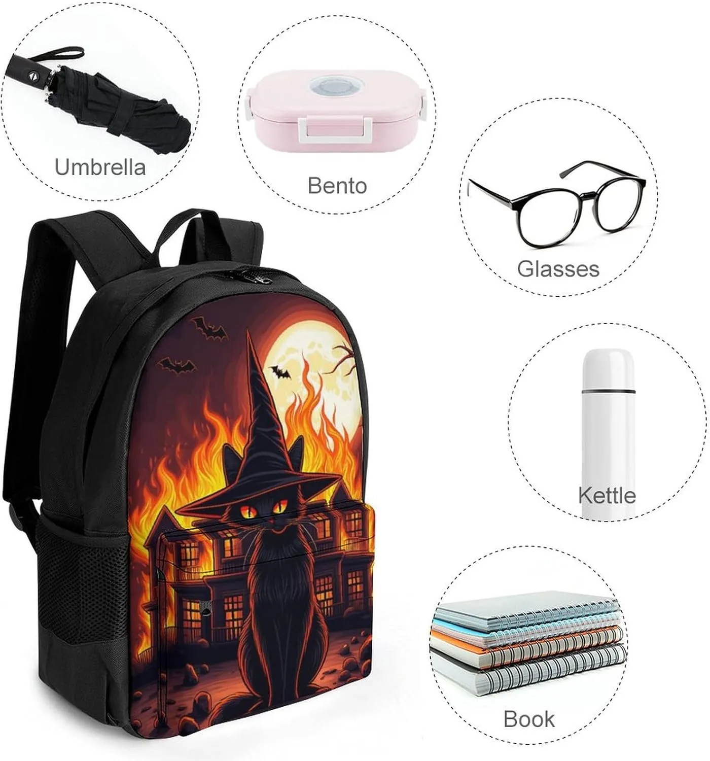 Men Women Lightweight Black Cat Witch Hat Old House Night Art Backpack Large Capacity Carry On Bag With Padded Straps for Sports Work Walking Cycling