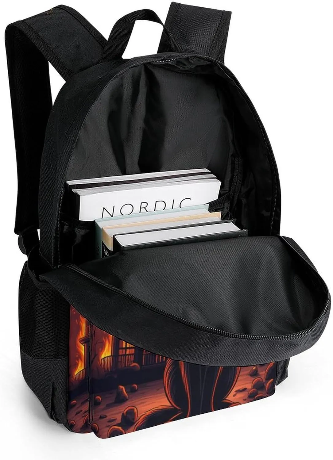 Men Women Lightweight Black Cat Witch Hat Old House Night Art Backpack Large Capacity Carry On Bag With Padded Straps for Sports Work Walking Cycling