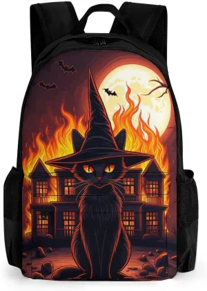 Men Women Lightweight Black Cat Witch Hat Old House Night Art Backpack Large Capacity Carry On Bag With Padded Straps for Sports Work Walking Cycling