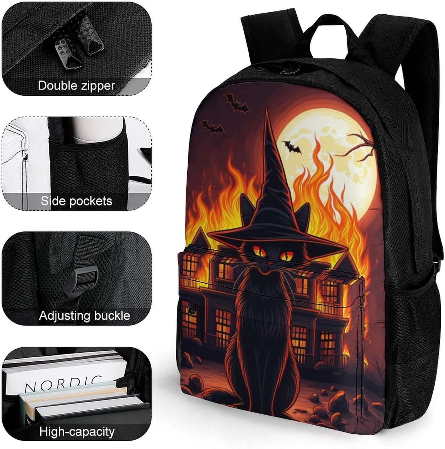 Men Women Lightweight Black Cat Witch Hat Old House Night Art Backpack Large Capacity Carry On Bag With Padded Straps for Sports Work Walking Cycling