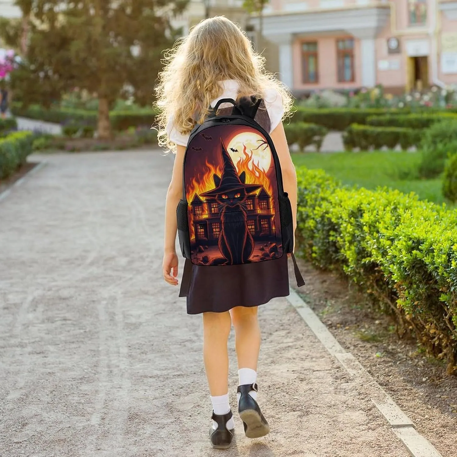 Men Women Lightweight Black Cat Witch Hat Old House Night Art Backpack Large Capacity Carry On Bag With Padded Straps for Sports Work Walking Cycling