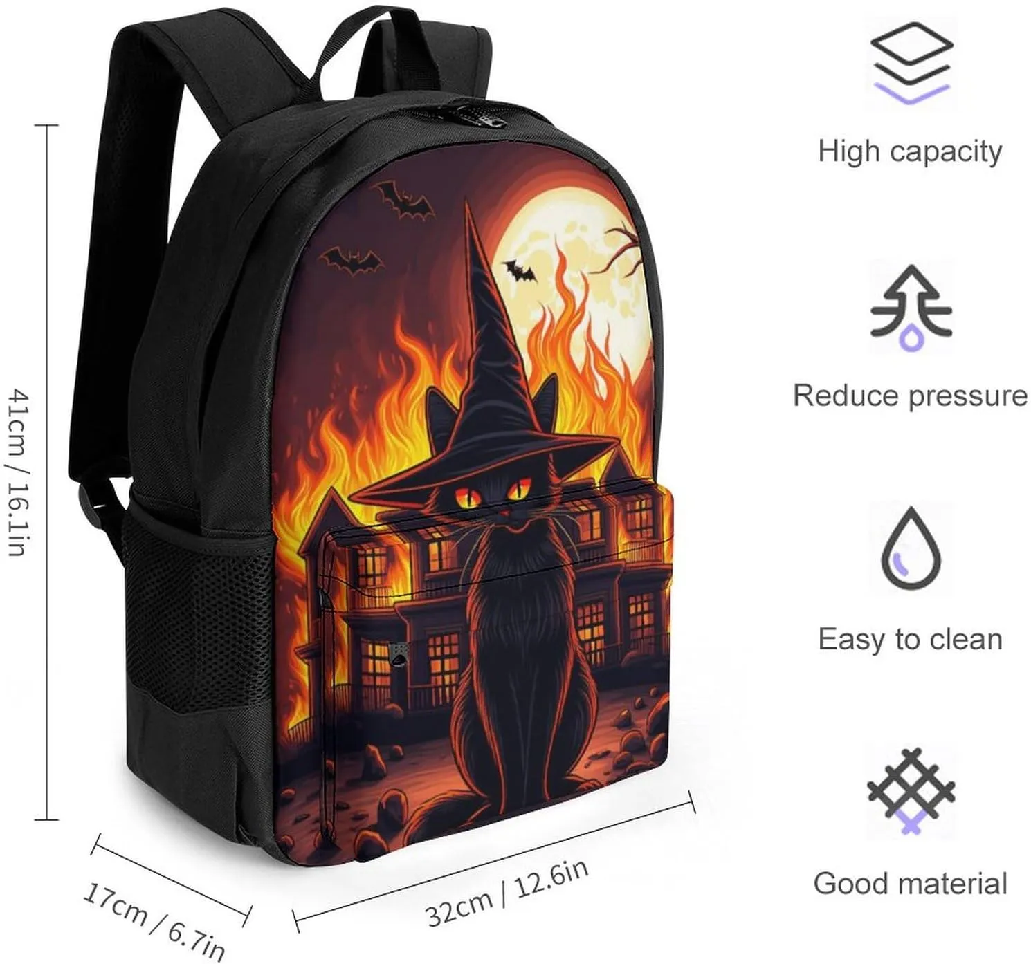 Men Women Lightweight Black Cat Witch Hat Old House Night Art Backpack Large Capacity Carry On Bag With Padded Straps for Sports Work Walking Cycling