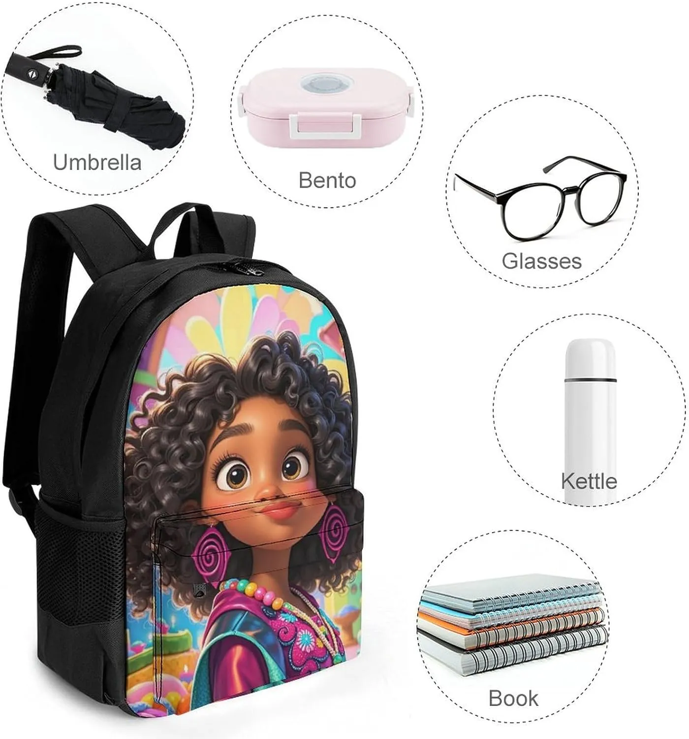 Men Women Lightweight Chic Cartoon Black Woman African American Woman Art Backpack Large Capacity Bookbag With Smooth Zippers for Gym Business Running