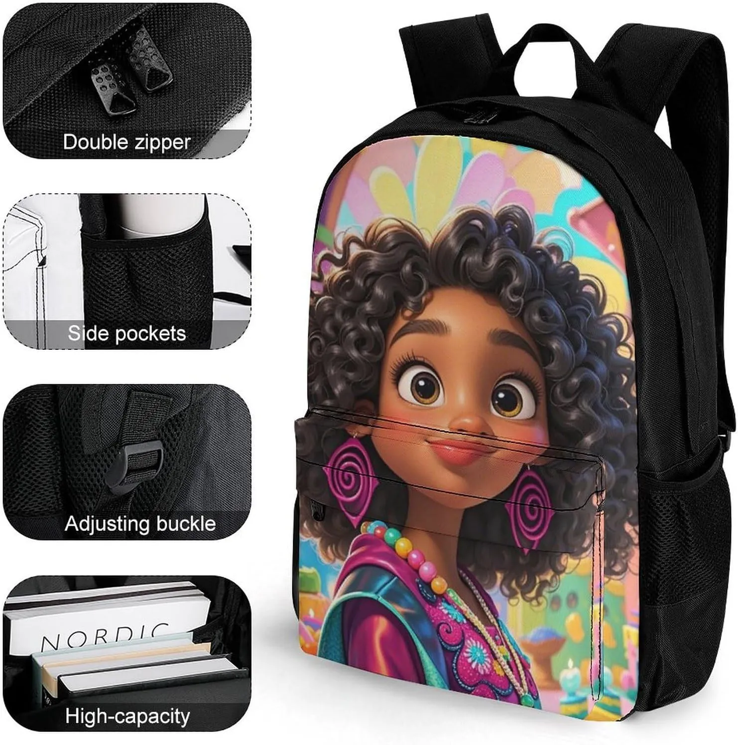 Men Women Lightweight Chic Cartoon Black Woman African American Woman Art Backpack Large Capacity Bookbag With Smooth Zippers for Gym Business Running