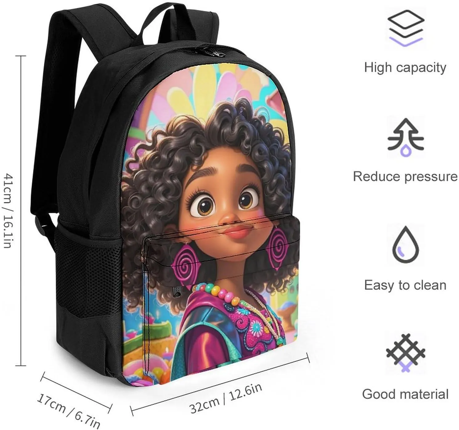 Men Women Lightweight Chic Cartoon Black Woman African American Woman Art Backpack Large Capacity Bookbag With Smooth Zippers for Gym Business Running