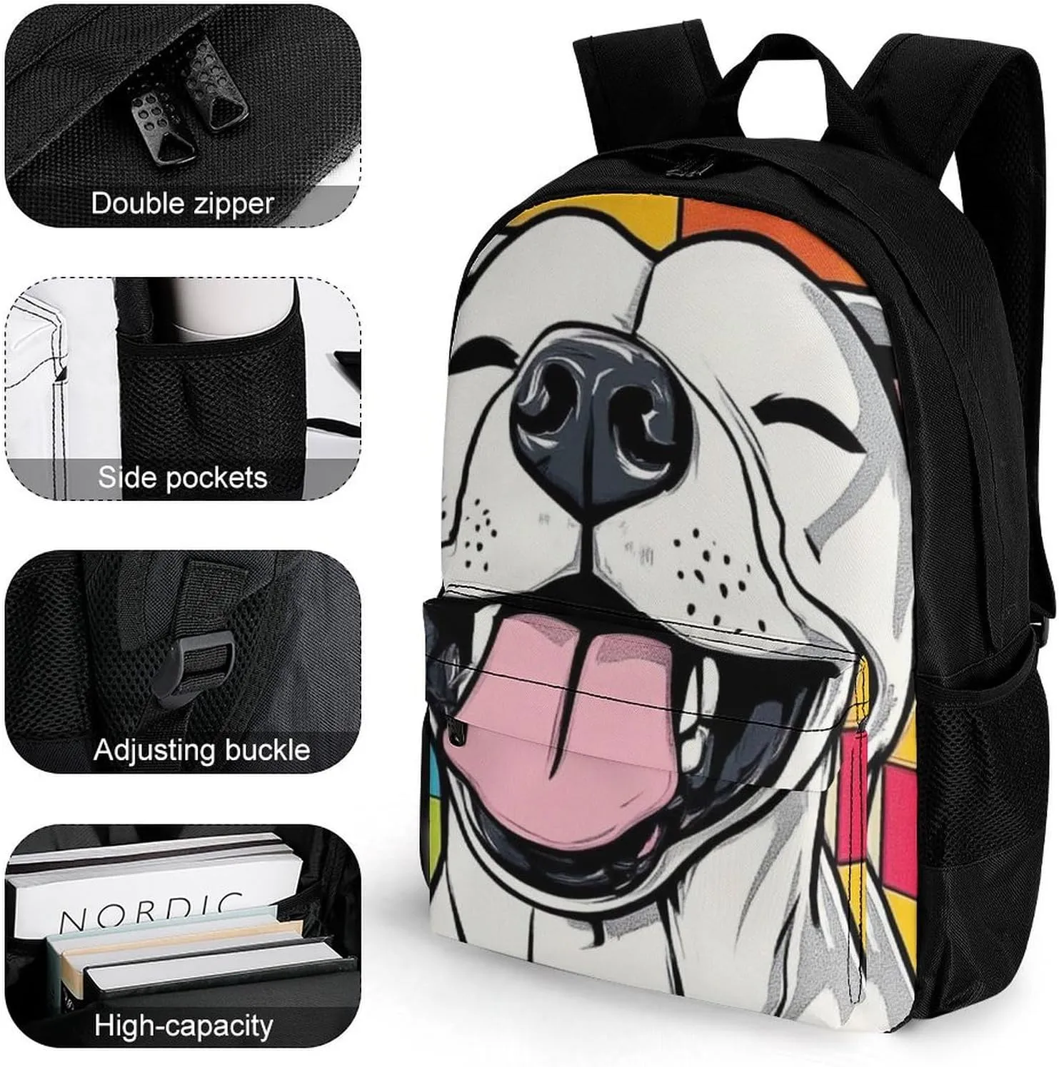 Men Women Polyester Checkerboard Painting Cute Funny Pitbull Dog Daypack Backpack Large Capacity Carry On Bag With Smooth Zippers for Hiking Picnic Walking Cycling