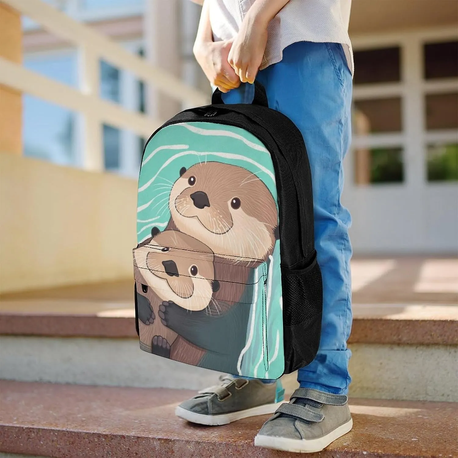 Men Women Polyester Cute Otter Lovers Art Casual Daypack Large Capacity Carry On Bag With Adjustable Shoulder Straps for Camping Work Running