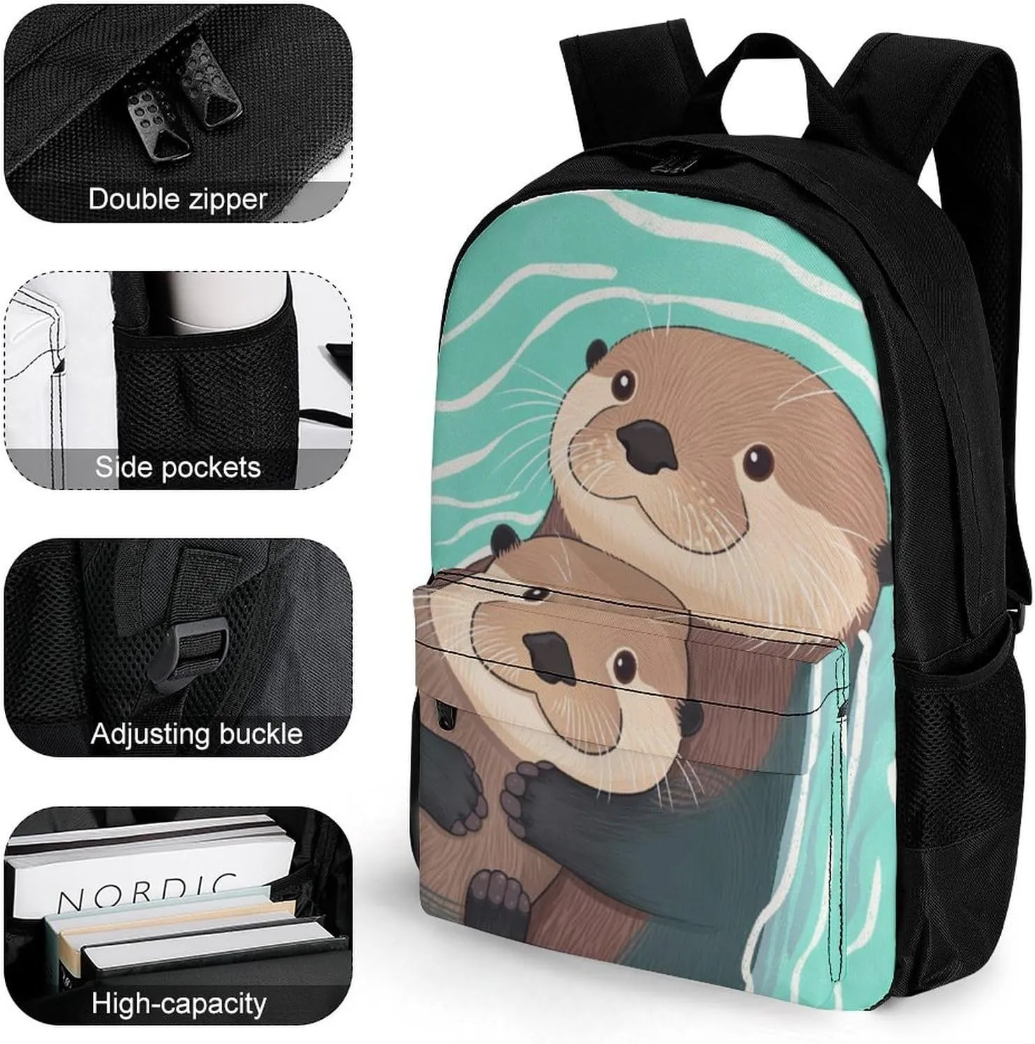 Men Women Polyester Cute Otter Lovers Art Casual Daypack Large Capacity Carry On Bag With Adjustable Shoulder Straps for Camping Work Running