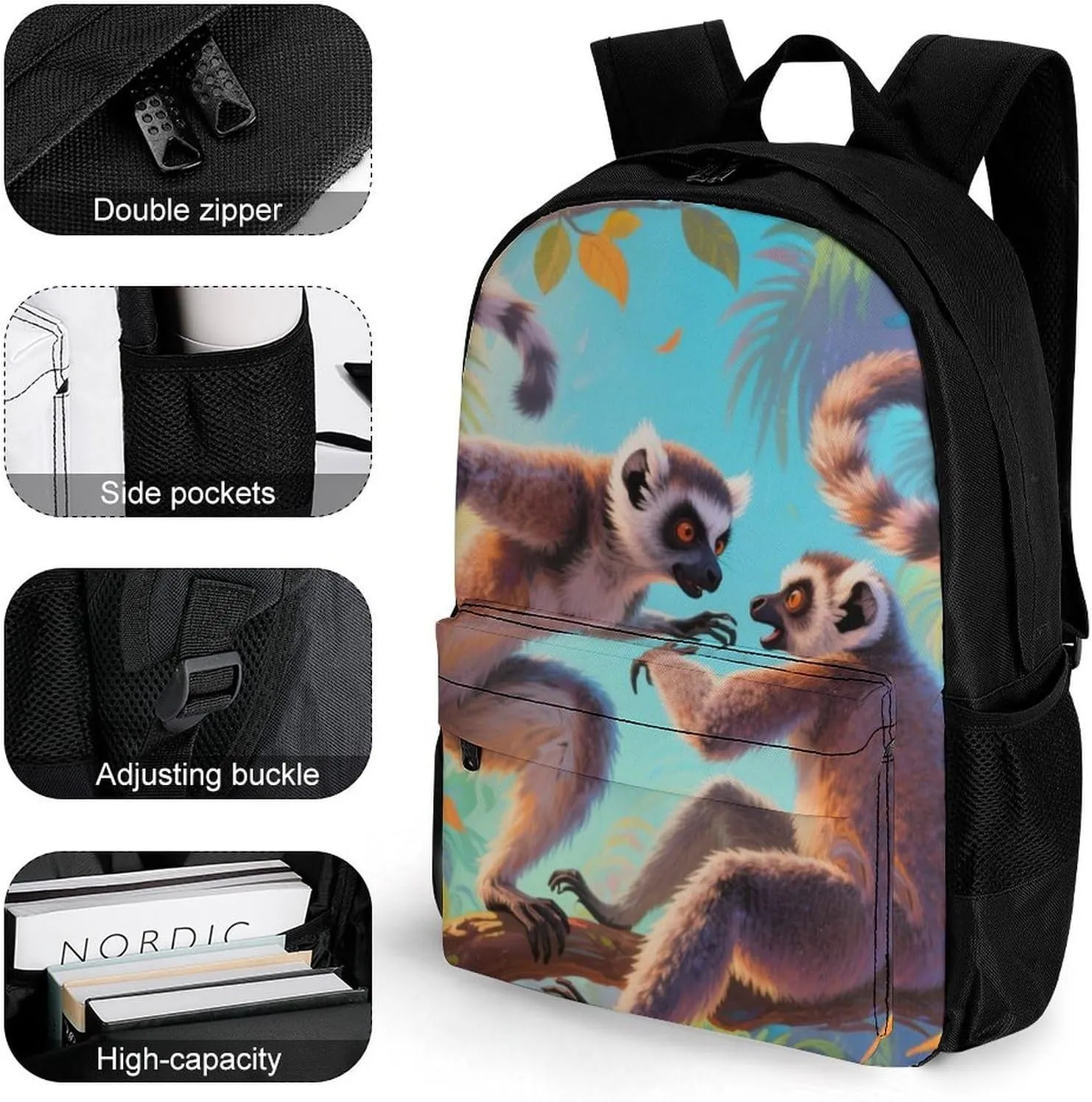 Men Women Polyester Exotic Jungle Animal Lemurs Monkey Art Daypack Big Capacity Shoulder Bag With Smooth Zippers for Hiking Work Walking Cycling