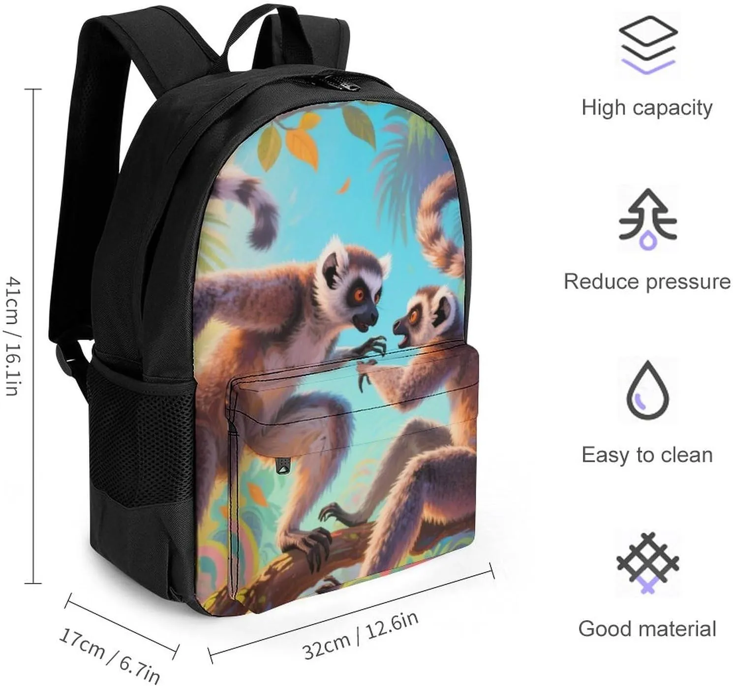 Men Women Polyester Exotic Jungle Animal Lemurs Monkey Art Daypack Big Capacity Shoulder Bag With Smooth Zippers for Hiking Work Walking Cycling