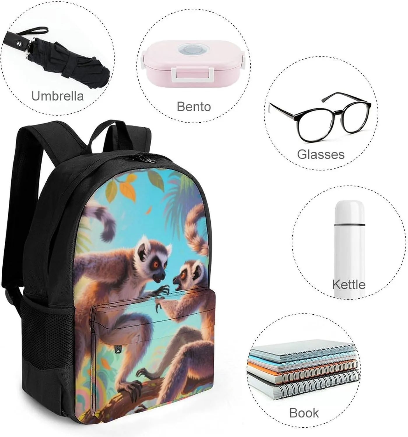 Men Women Polyester Exotic Jungle Animal Lemurs Monkey Art Daypack Big Capacity Shoulder Bag With Smooth Zippers for Hiking Work Walking Cycling