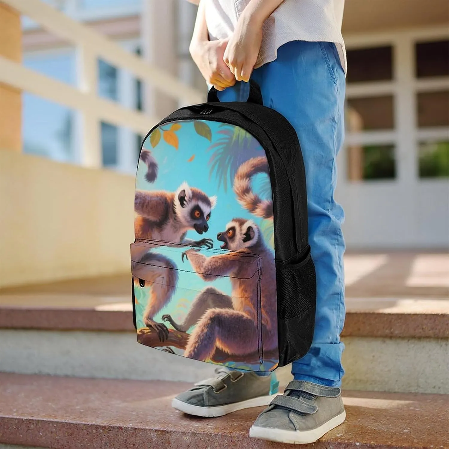 Men Women Polyester Exotic Jungle Animal Lemurs Monkey Art Daypack Big Capacity Shoulder Bag With Smooth Zippers for Hiking Work Walking Cycling