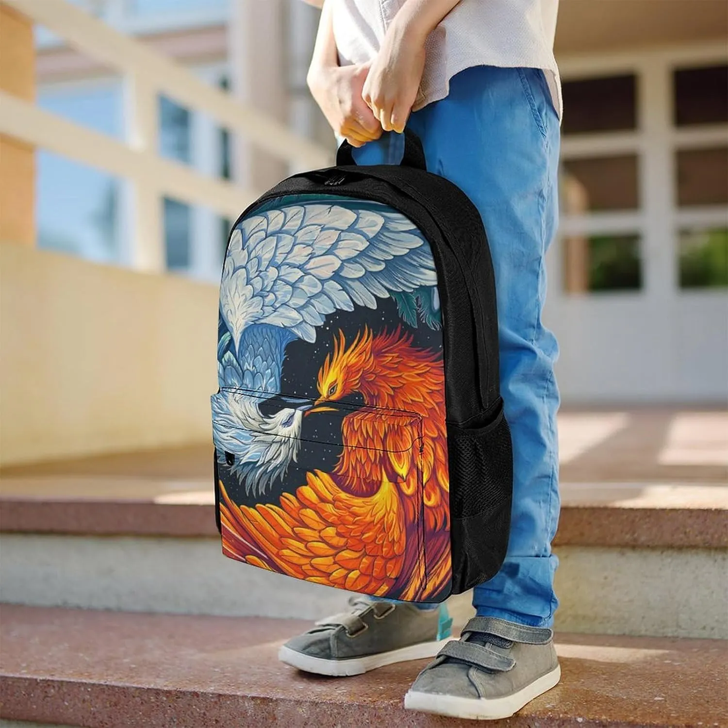 Men Women Polyester Ice Water Fire Flame Phoenix Bird Art Daypack Big Capacity Shoulder Bag With Smooth Zippers for Hiking Work Walking Cycling
