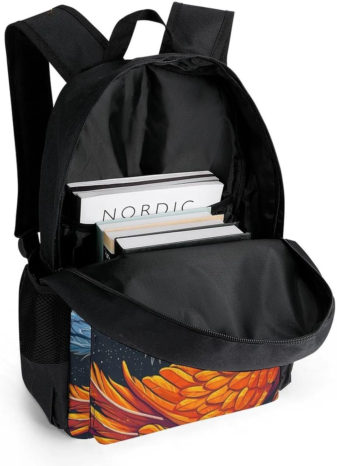 Men Women Polyester Ice Water Fire Flame Phoenix Bird Art Daypack Big Capacity Shoulder Bag With Smooth Zippers for Hiking Work Walking Cycling