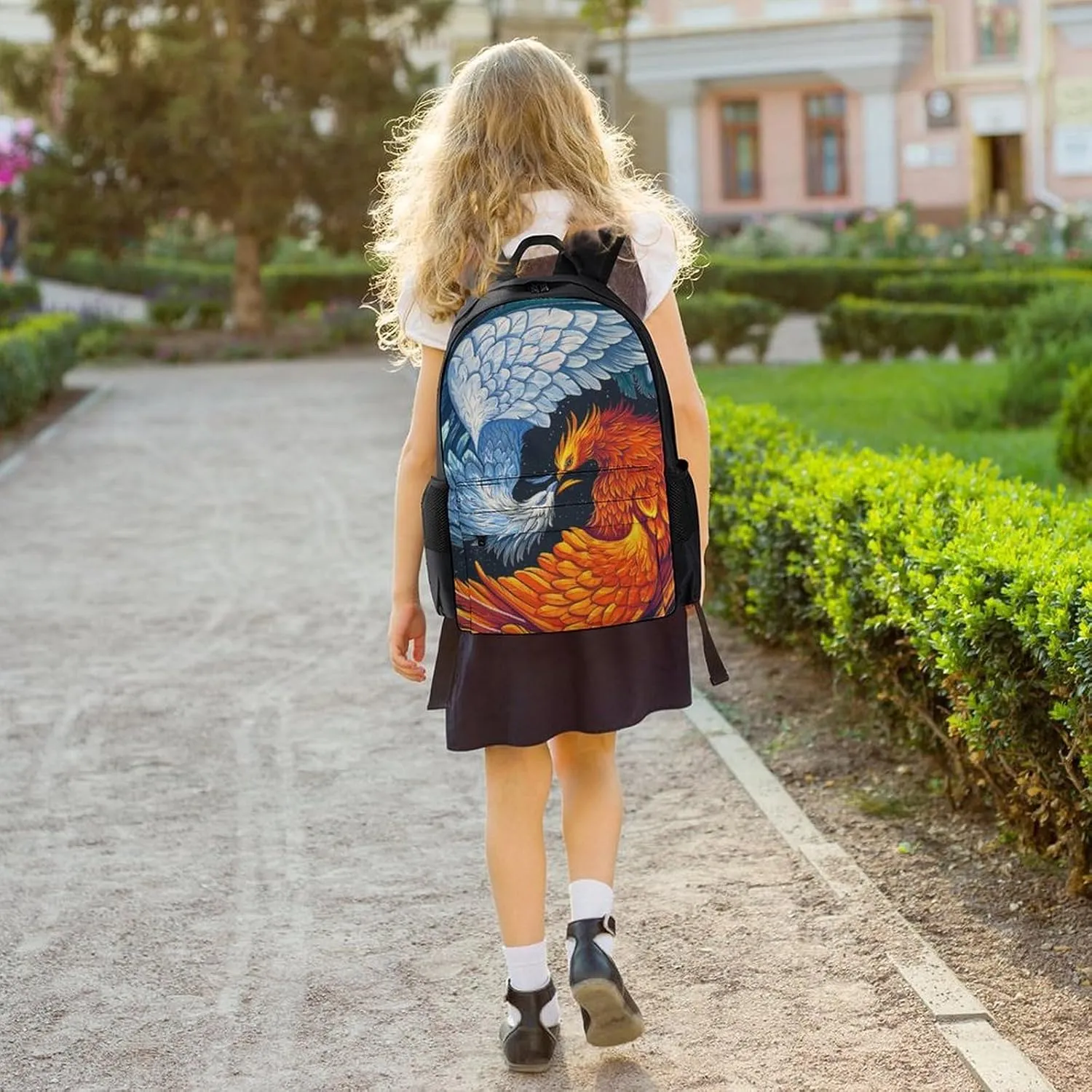 Men Women Polyester Ice Water Fire Flame Phoenix Bird Art Daypack Big Capacity Shoulder Bag With Smooth Zippers for Hiking Work Walking Cycling