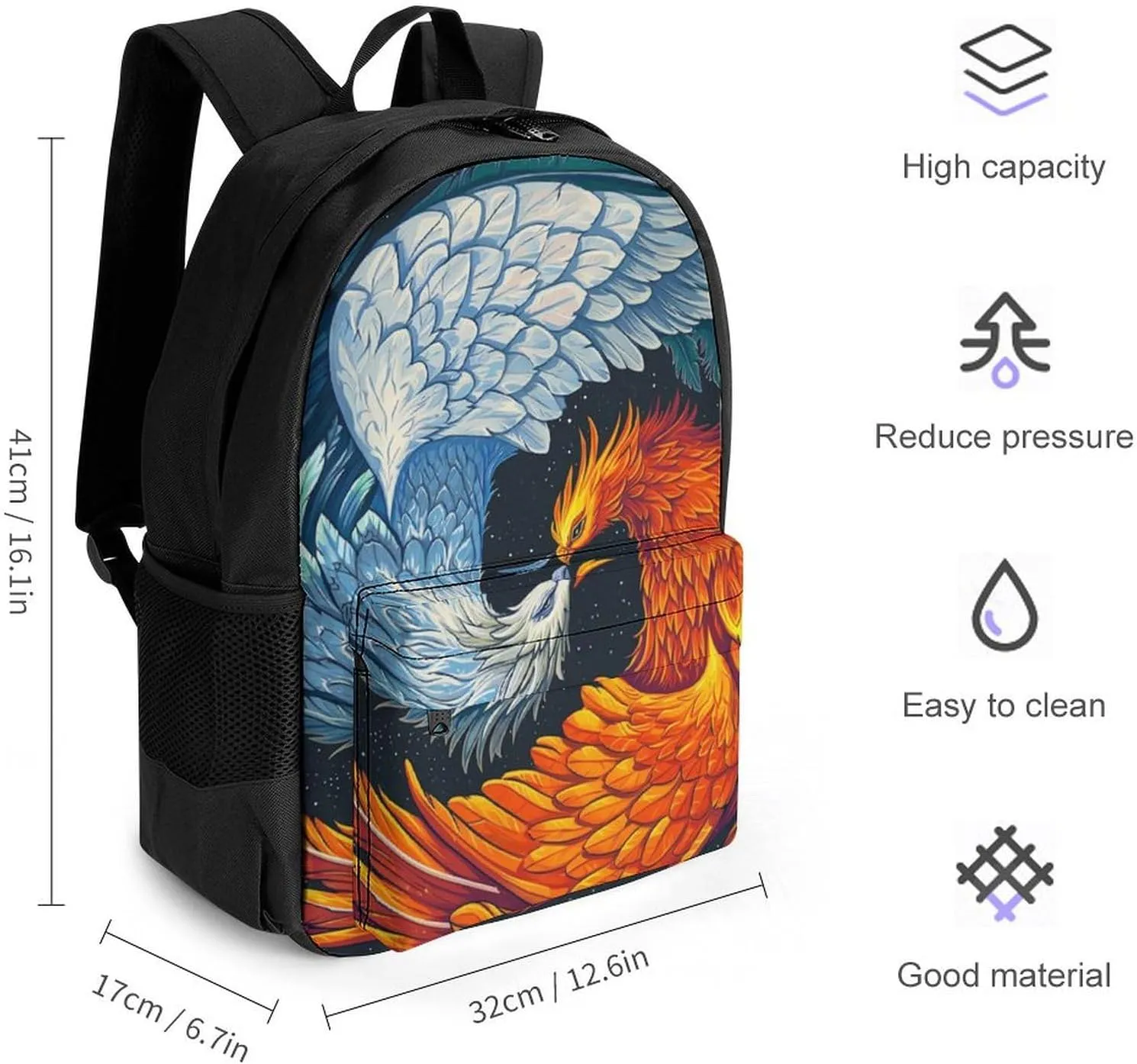 Men Women Polyester Ice Water Fire Flame Phoenix Bird Art Daypack Big Capacity Shoulder Bag With Smooth Zippers for Hiking Work Walking Cycling