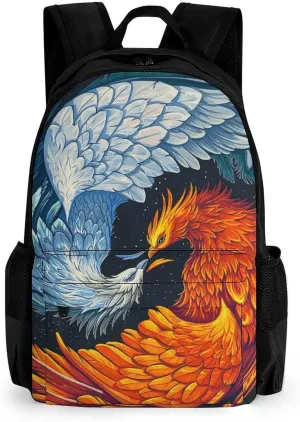 Men Women Polyester Ice Water Fire Flame Phoenix Bird Art Daypack Big Capacity Shoulder Bag With Smooth Zippers for Hiking Work Walking Cycling