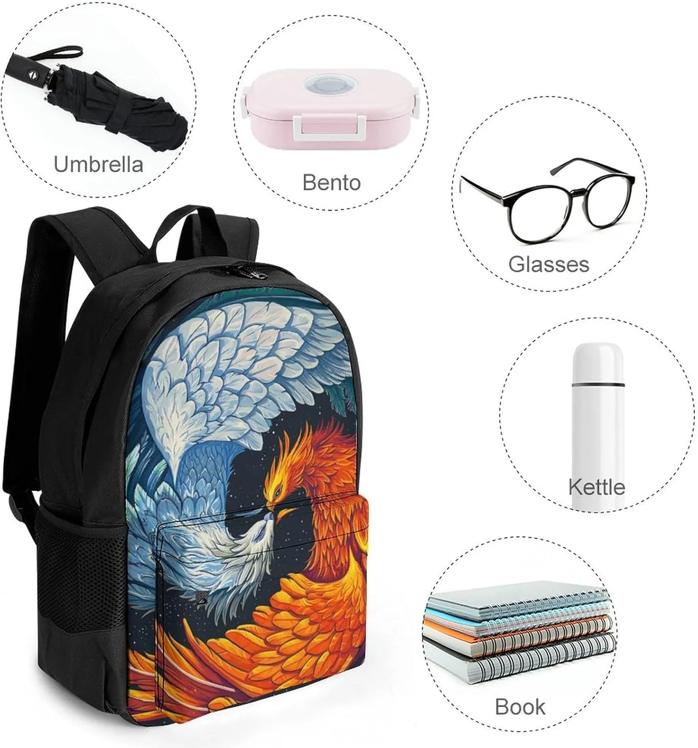 Men Women Polyester Ice Water Fire Flame Phoenix Bird Art Daypack Big Capacity Shoulder Bag With Smooth Zippers for Hiking Work Walking Cycling