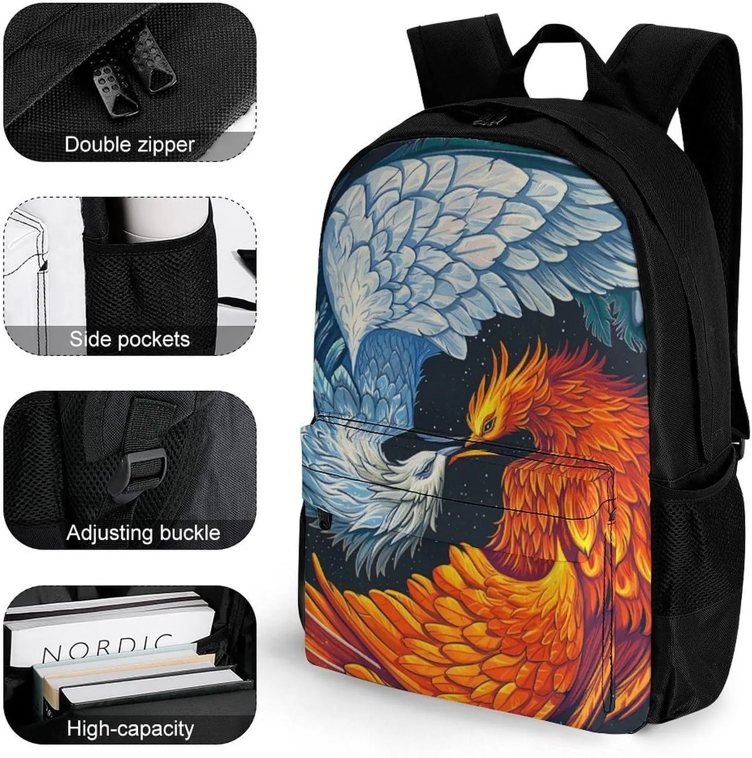 Men Women Polyester Ice Water Fire Flame Phoenix Bird Art Daypack Big Capacity Shoulder Bag With Smooth Zippers for Hiking Work Walking Cycling