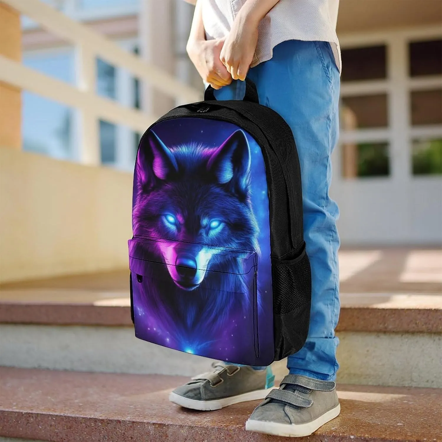 Men Women Polyester Purple Universe Galaxy Magic Wolf In The Space Daypack Big Capacity Shoulder Bag With Adjustable Shoulder Straps for Camping Travel Walking Cycling