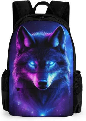 Men Women Polyester Purple Universe Galaxy Magic Wolf In The Space Daypack Big Capacity Shoulder Bag With Adjustable Shoulder Straps for Camping Travel Walking Cycling