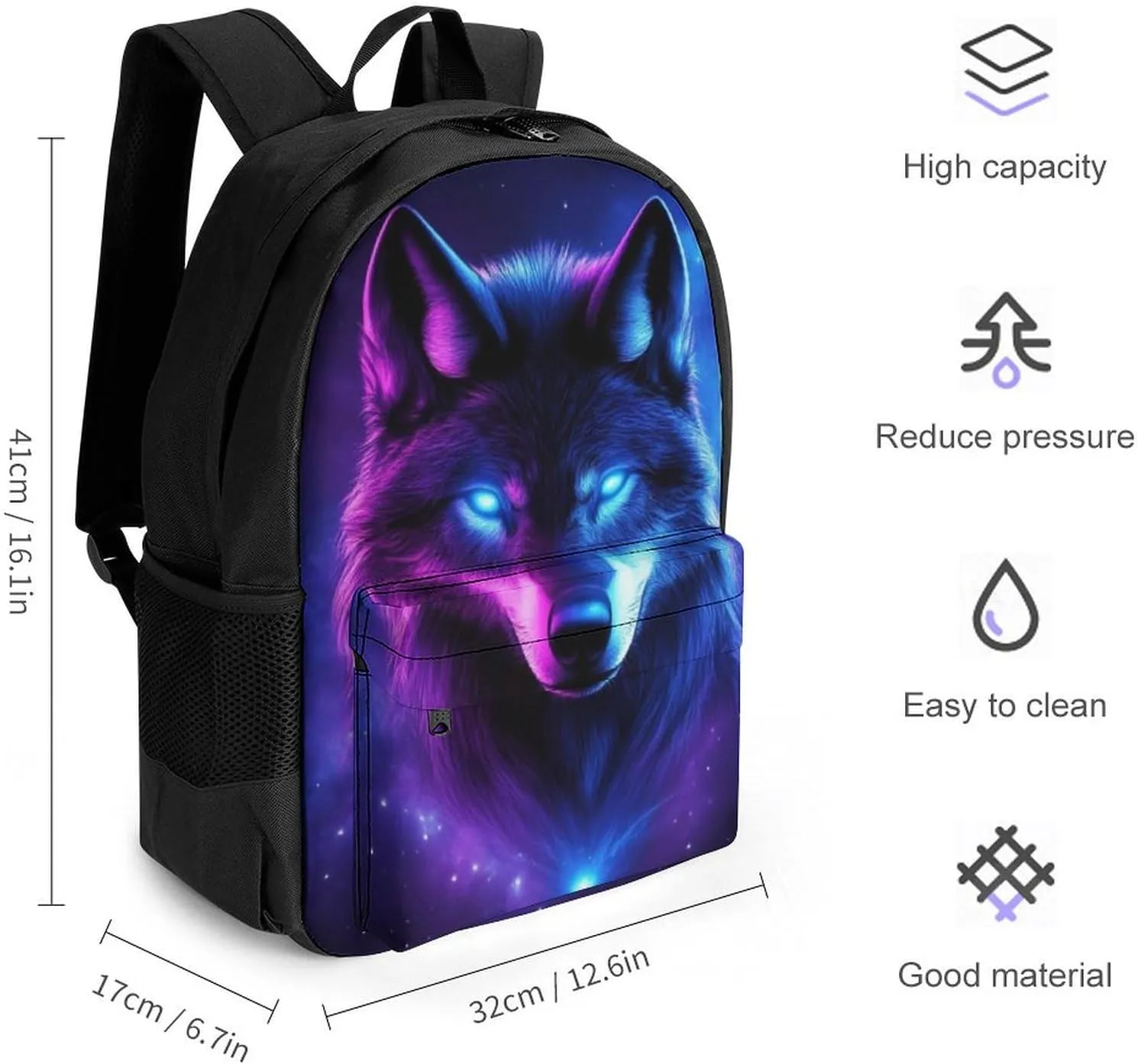 Men Women Polyester Purple Universe Galaxy Magic Wolf In The Space Daypack Big Capacity Shoulder Bag With Adjustable Shoulder Straps for Camping Travel Walking Cycling