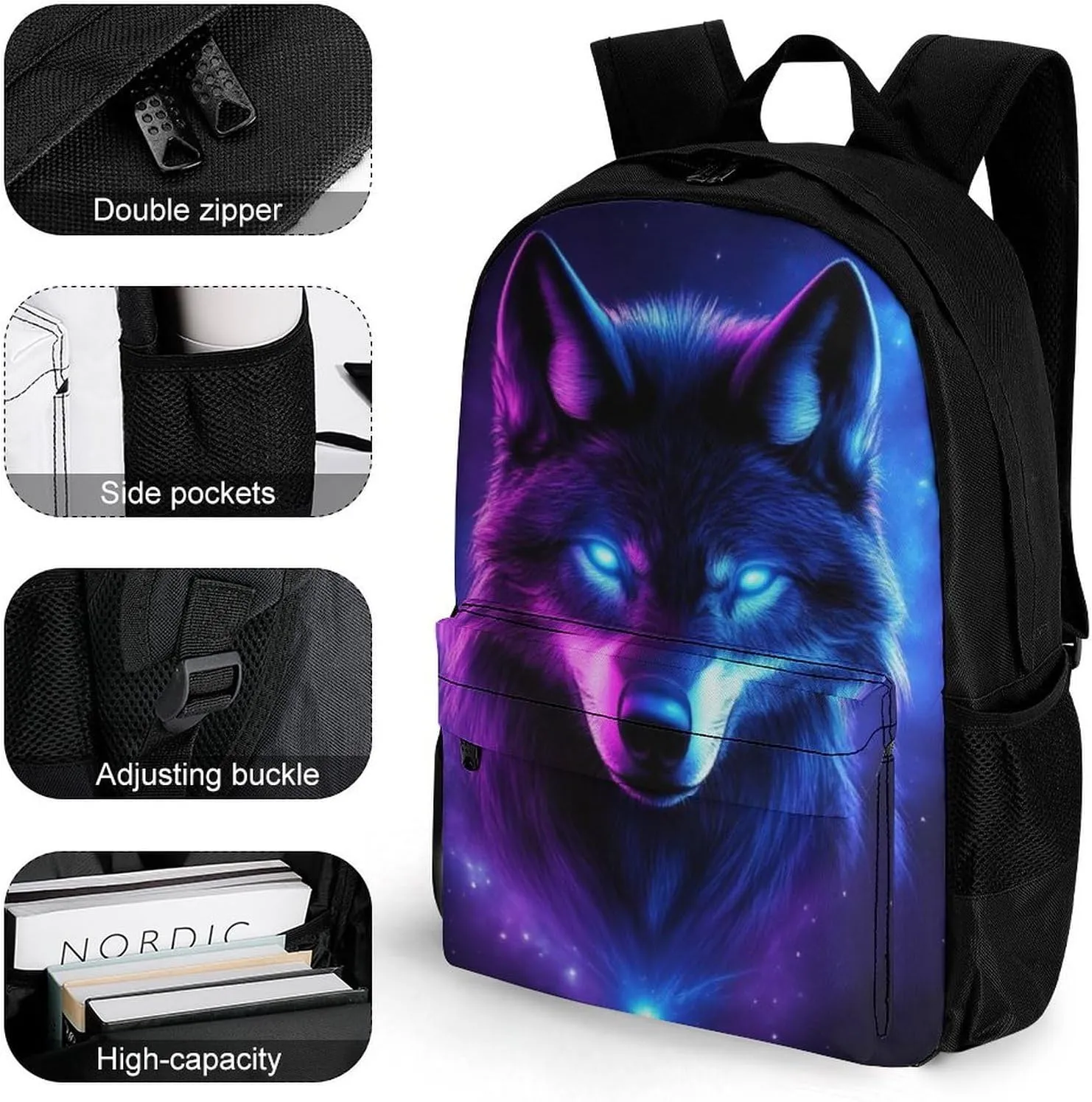 Men Women Polyester Purple Universe Galaxy Magic Wolf In The Space Daypack Big Capacity Shoulder Bag With Adjustable Shoulder Straps for Camping Travel Walking Cycling
