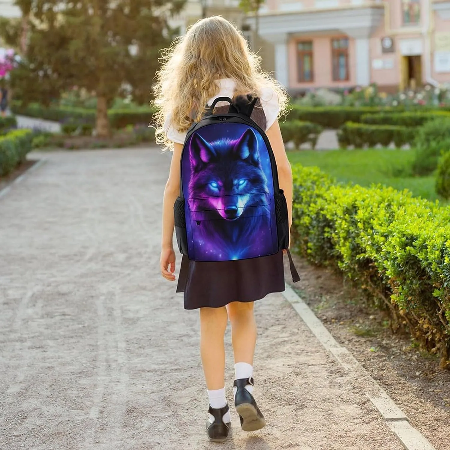 Men Women Polyester Purple Universe Galaxy Magic Wolf In The Space Daypack Big Capacity Shoulder Bag With Adjustable Shoulder Straps for Camping Travel Walking Cycling