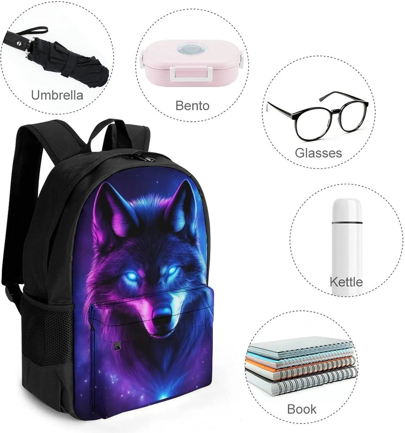 Men Women Polyester Purple Universe Galaxy Magic Wolf In The Space Daypack Big Capacity Shoulder Bag With Adjustable Shoulder Straps for Camping Travel Walking Cycling