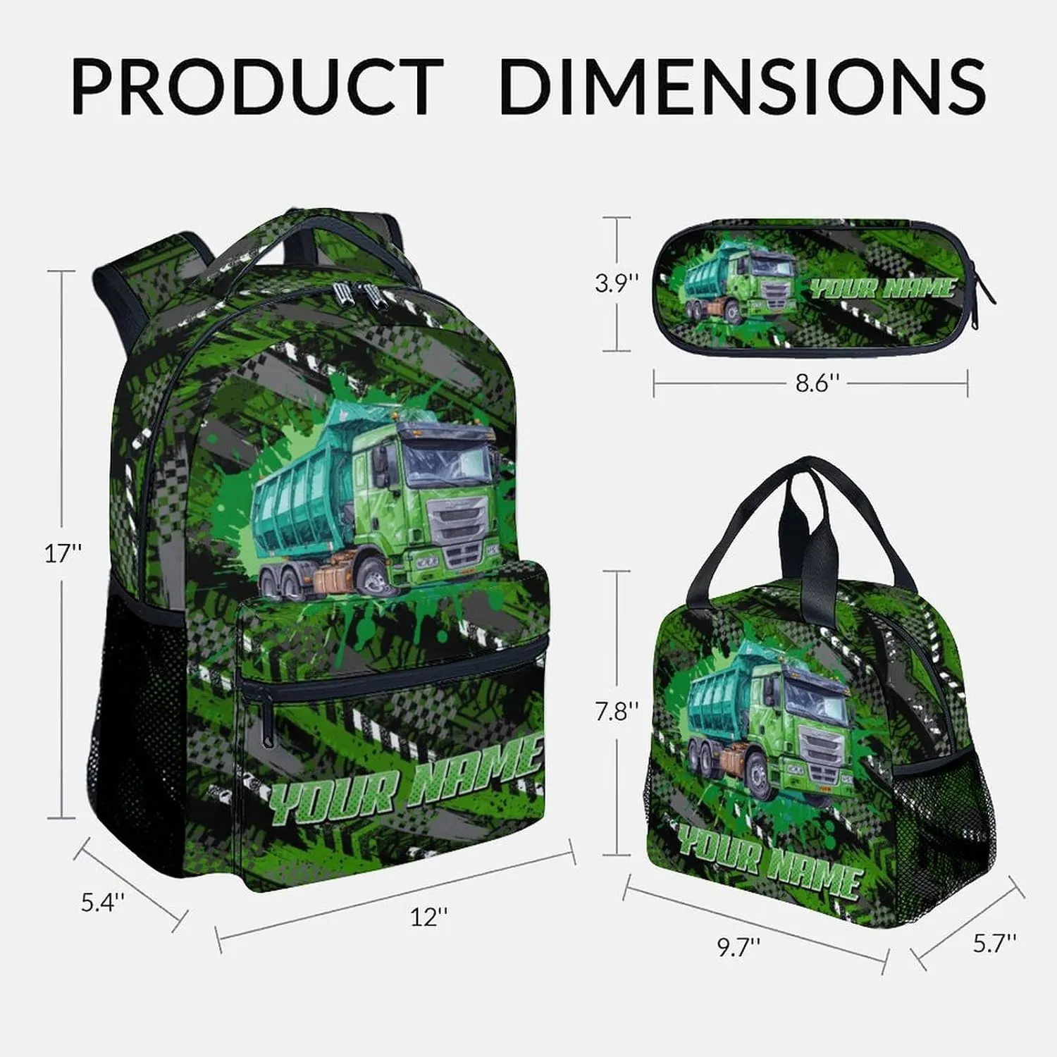 Mercuryelf Boys Backpack with Lunch Box - 17 Inch Garbage Truck Backpacks Set for School - Personalized Cool Bookbag with Lunch Bag and Pencil