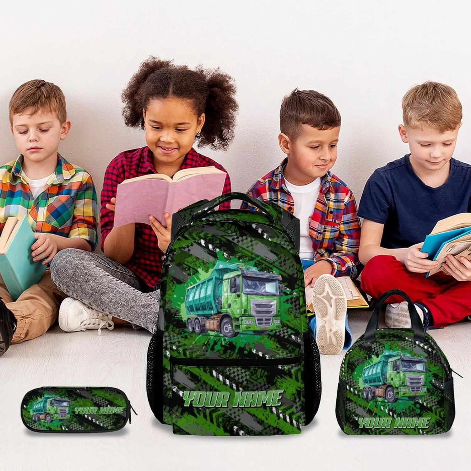 Mercuryelf Boys Backpack with Lunch Box - 17 Inch Garbage Truck Backpacks Set for School - Personalized Cool Bookbag with Lunch Bag and Pencil
