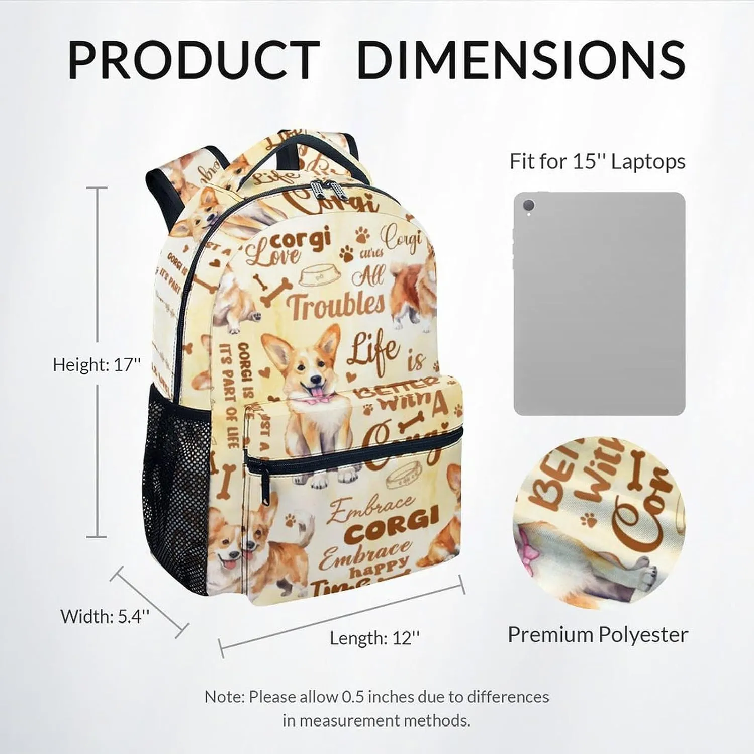 Mercuryelf Boys Bag for School - Cute Corgi Kid Backpack for School, Travel - 17 Inch Dog Bookbag for Teens Corgi Lovers