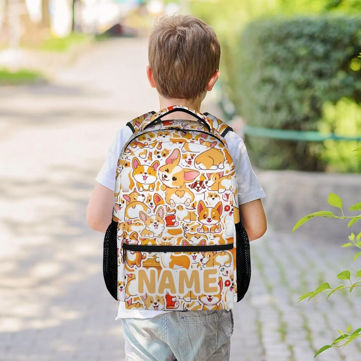 Mercuryelf Personalized Corgi Backpack for Girls Boys, 16 Inch Yellow Backpacks for School, Cute Lightweight Bookbag for Kids