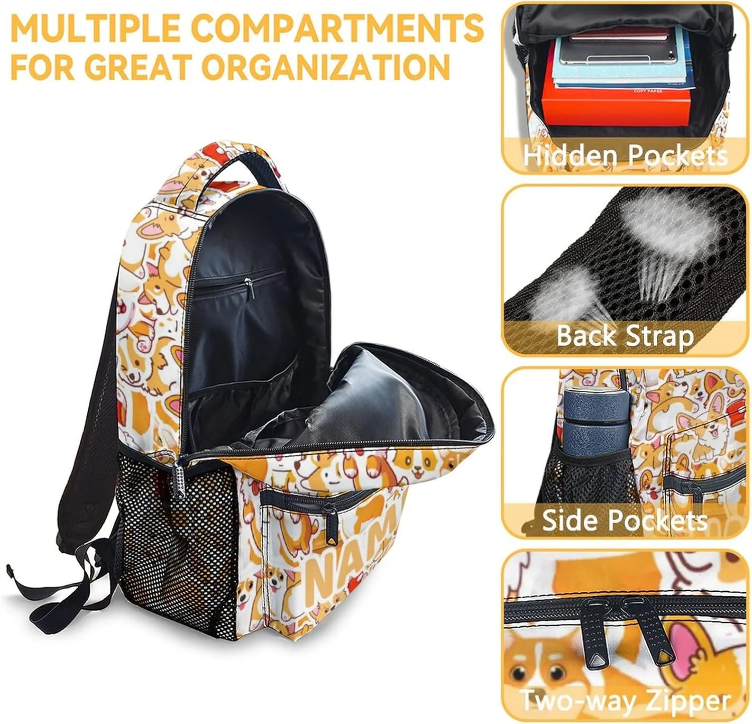 Mercuryelf Personalized Corgi Backpack for Girls Boys, 16 Inch Yellow Backpacks for School, Cute Lightweight Bookbag for Kids