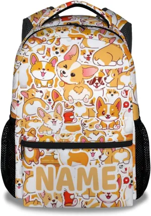 Mercuryelf Personalized Corgi Backpack for Girls Boys, 16 Inch Yellow Backpacks for School, Cute Lightweight Bookbag for Kids