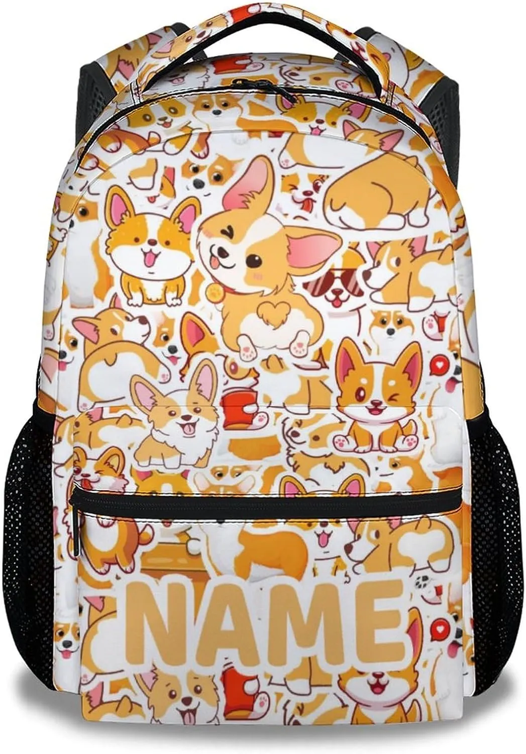 Mercuryelf Personalized Corgi Backpack for Girls Boys, 16 Inch Yellow Backpacks for School, Cute Lightweight Bookbag for Kids