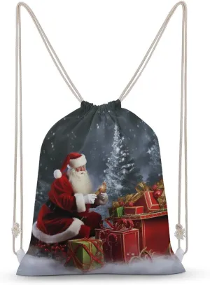 Merry Christmas Santa's Gift Drawstring Backpack for Women Men Drawstring Bag for Travel Swimming Sports Gym Bag