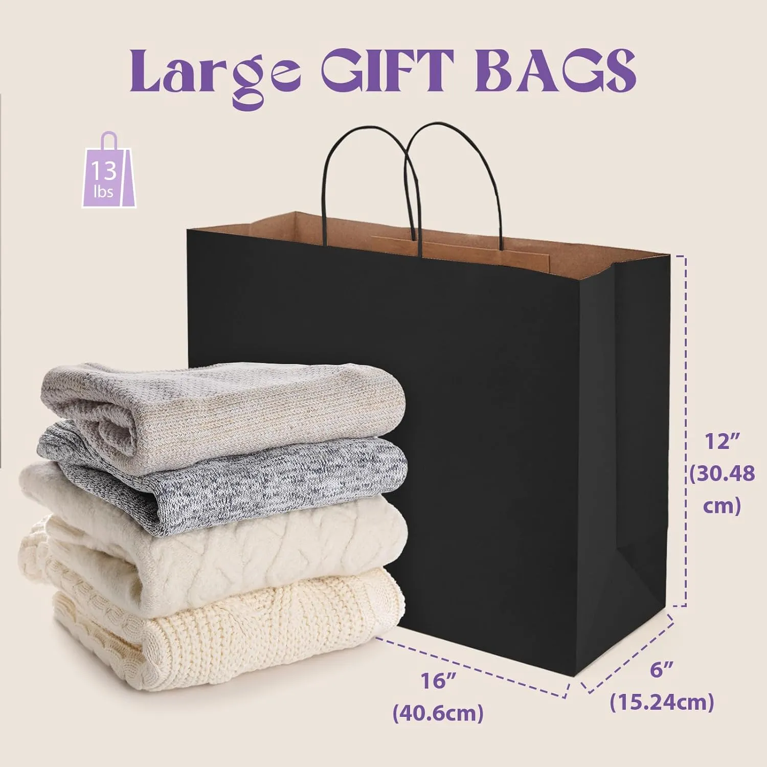 MESHA Black Paper Bags 16x6x12 Inch 100 Pack Large Shopping Kraft Gift Bags with Handles Bulk for Party Recycled Party Favor
