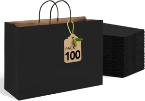 MESHA Black Paper Bags 16x6x12 Inch 100 Pack Large Shopping Kraft Gift Bags with Handles Bulk for Party Recycled Party Favor