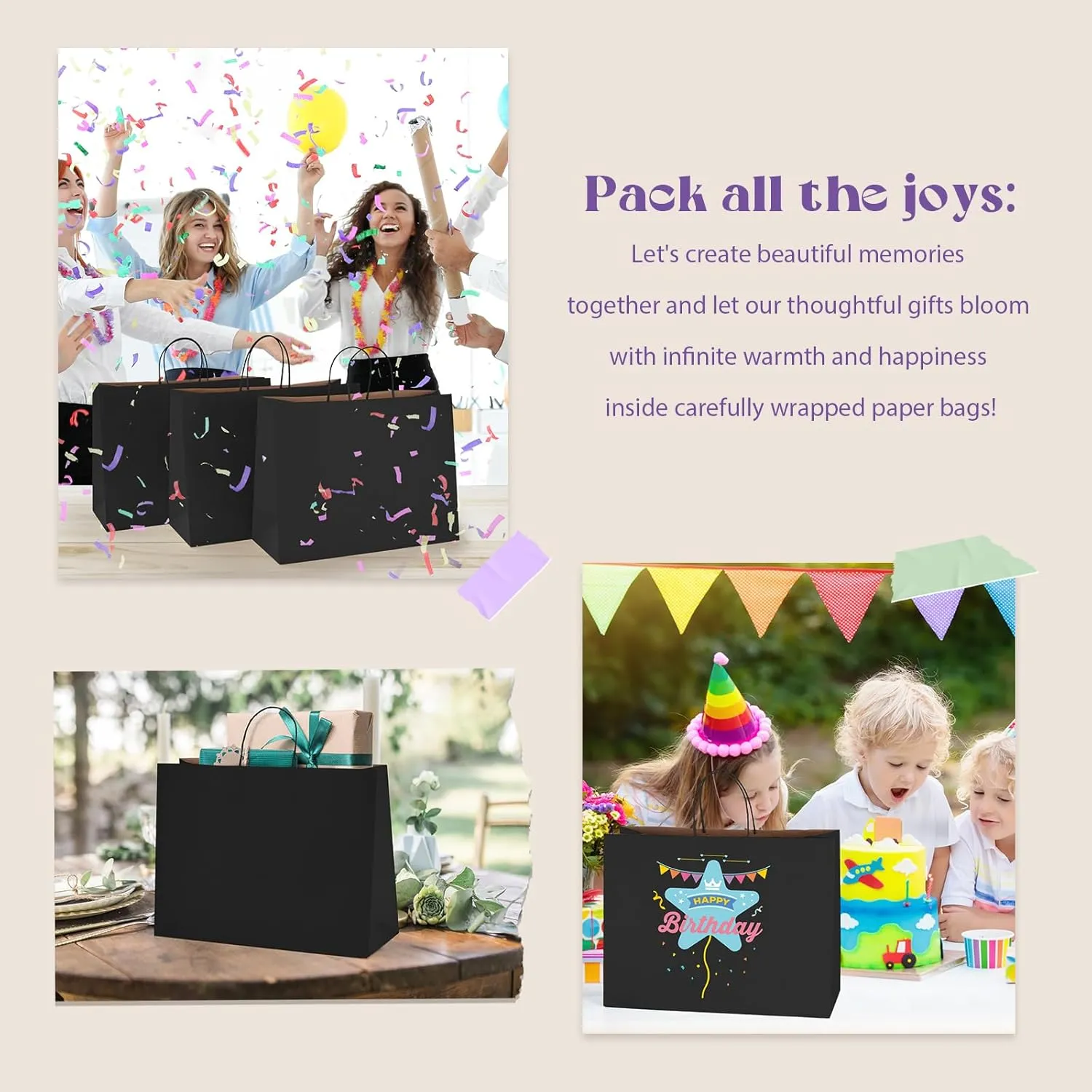 MESHA Black Paper Bags 16x6x12 Inch 100 Pack Large Shopping Kraft Gift Bags with Handles Bulk for Party Recycled Party Favor