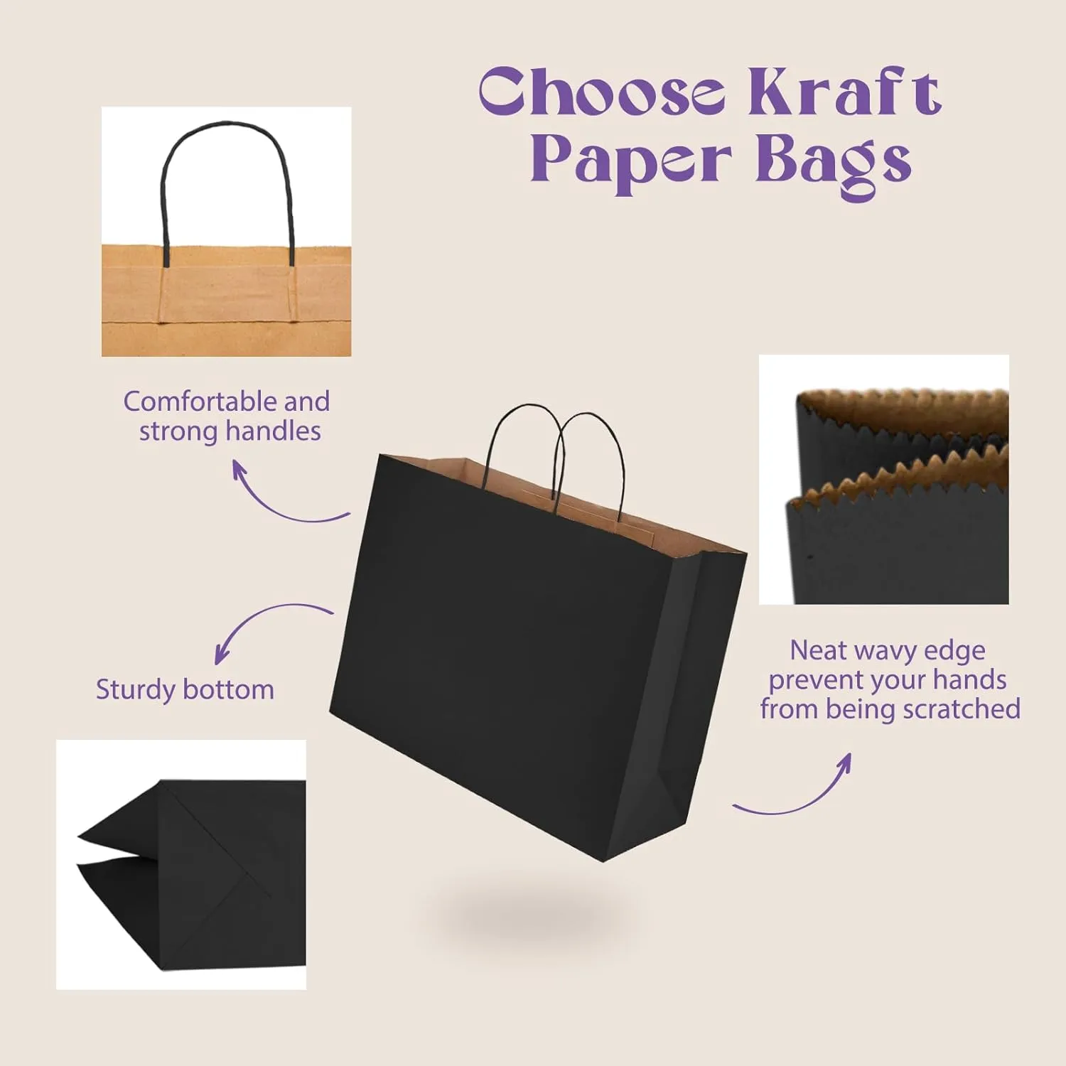 MESHA Black Paper Bags 16x6x12 Inch 100 Pack Large Shopping Kraft Gift Bags with Handles Bulk for Party Recycled Party Favor