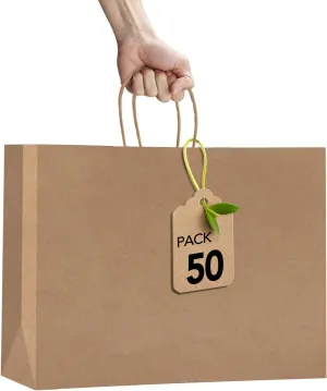 MESHA Shopping Bags 16x6x12'' 50pcs brown paper bags with handles bulk,Large Gift Bags for Small Business,Crafts Shop,Retail Bag Wedding Party Favor Bags