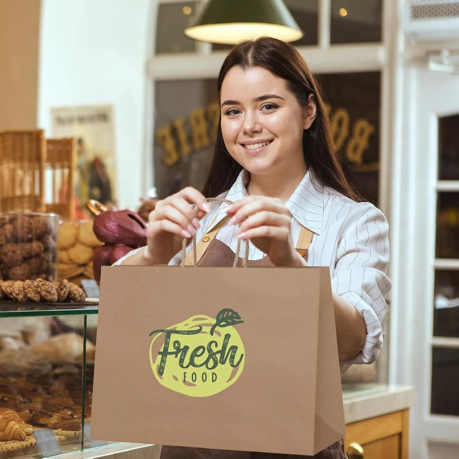 MESHA Shopping Bags 16x6x12'' 50pcs brown paper bags with handles bulk,Large Gift Bags for Small Business,Crafts Shop,Retail Bag Wedding Party Favor Bags