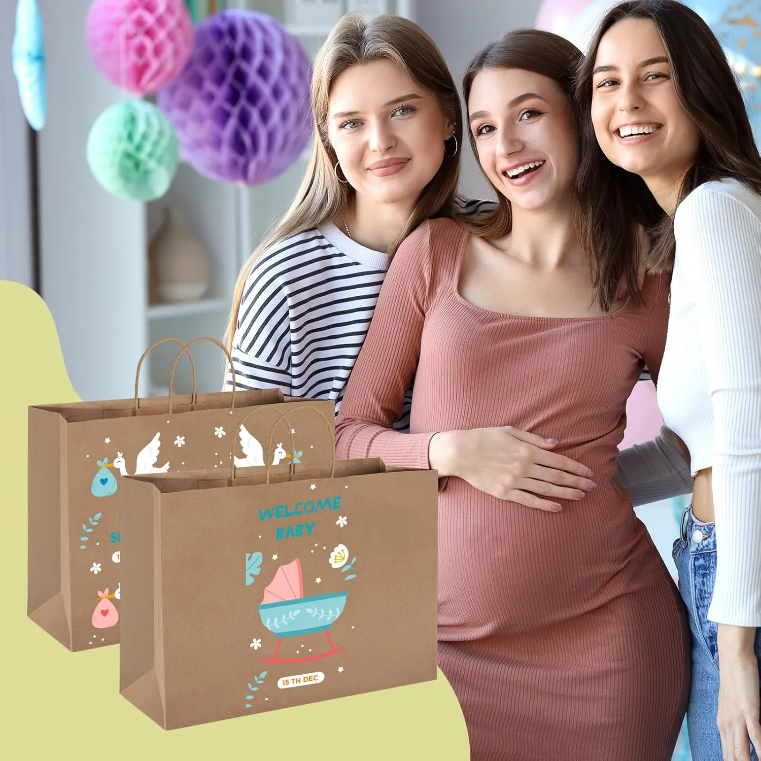 MESHA Shopping Bags 16x6x12'' 50pcs brown paper bags with handles bulk,Large Gift Bags for Small Business,Crafts Shop,Retail Bag Wedding Party Favor Bags