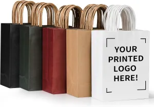 METAPRINT 50 PCS Custom Printed Kraft Paper Bags for Small Business, 8x4.5x10.8 Inch Small Size, Personalized Retail Gift Bags with Logo, Brown Shopping Paper bag with Handle, Goodie Bag