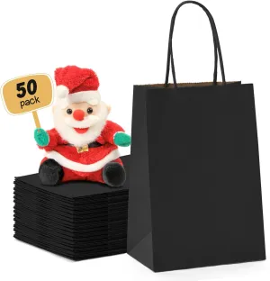METRONIC 50 Pack Small Black Gift Paper Bags 5.25x3.75x8, Gift Paper Kraft Bag with Handles Bulk for Birthday Party Favors, Retail Shopping Business Goody Craft Gift Bag