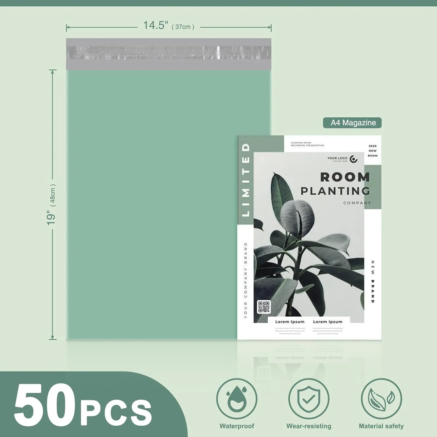 Metronic Large Poly Mailers 14.5x19 50PC, Waterproof Shipping Bags for Clothing, Tear-resistant Shipping Supplies for Small Business, Strong Ahensive Self Seal Mailing envelopes in Grayed Jade Green